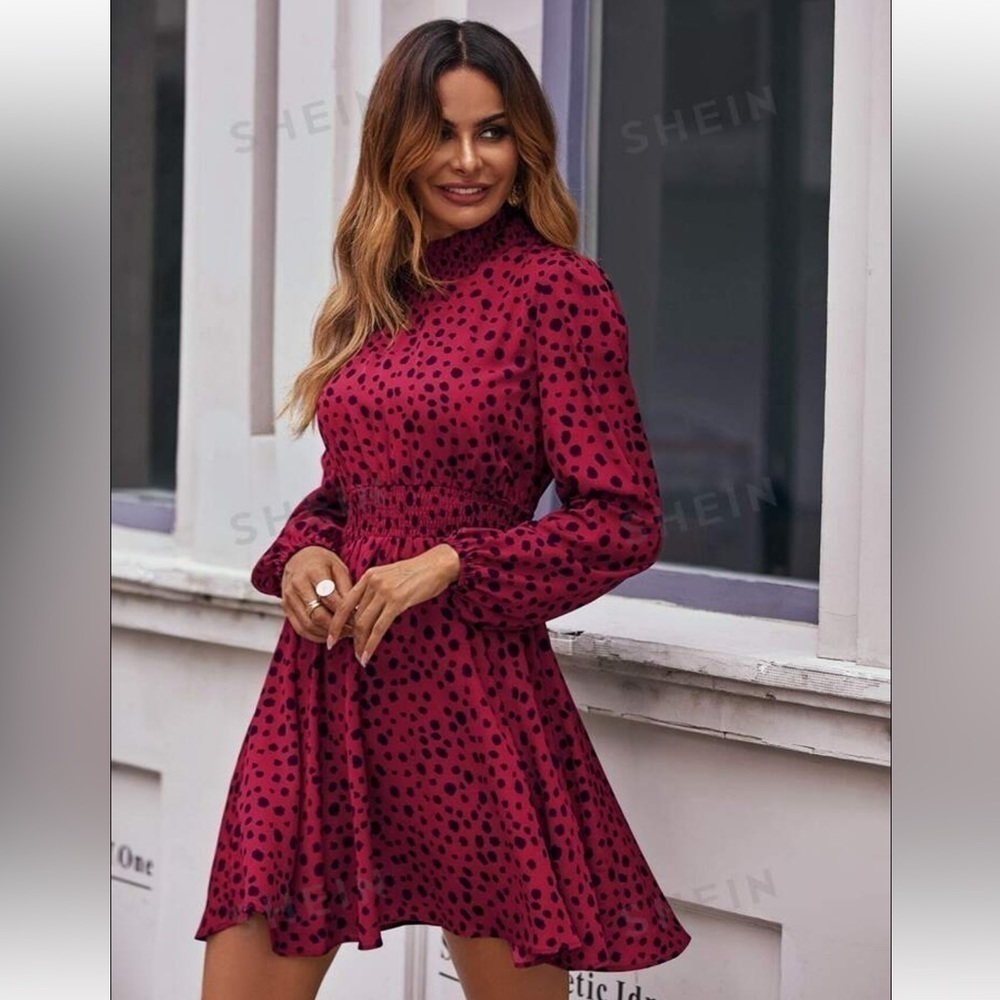 SHEIN Shirred Waist Red Animal Print Dress Small Stand Collar Long Sleeve A Line